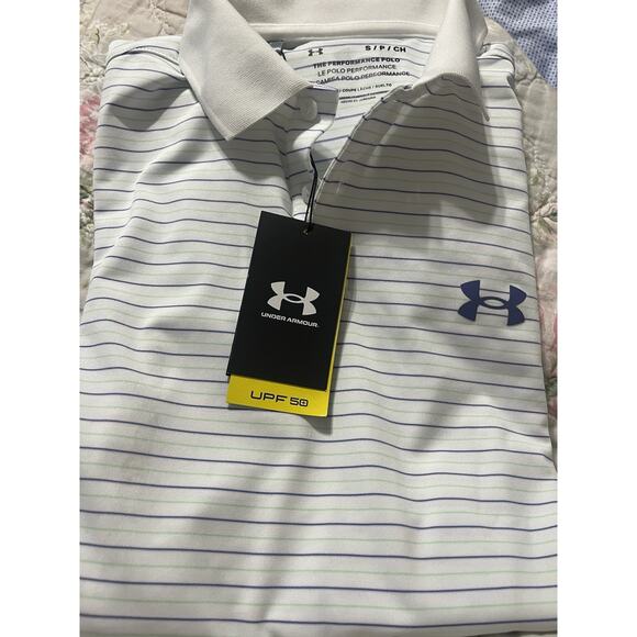 Men's Under Armour Performance 3.0 Stripe Golf Polo Small New White Blue Mirage - Picture 1 of 7
